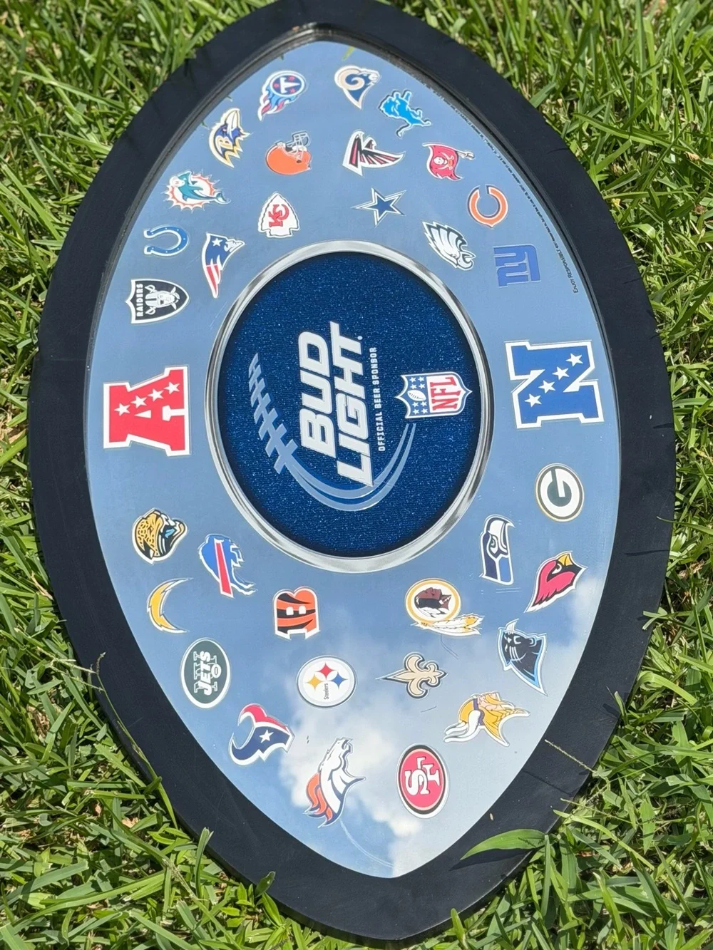 BUD LIGHT NFL OVAL MIRROR SIGN 32 TEAM HELMET LOGOS FRAMED 33x18 2011 Edition